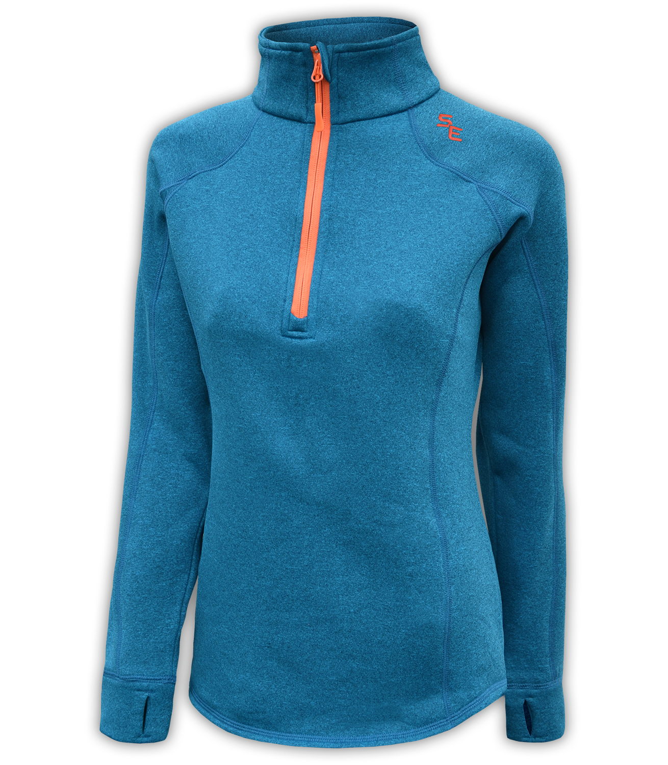 womens-stretchy-fleece-pullover-blue-orange-zipper-summit-edge-outerwear
