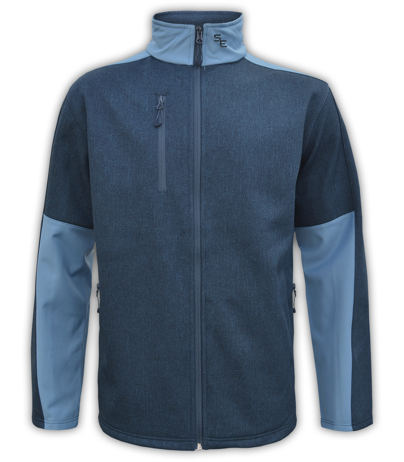 summit-edge-outdoor-clothing-brand-jacket-fleece-zip-up-woven-blue-denim-zipper-pockets-stand-up-collar-front
