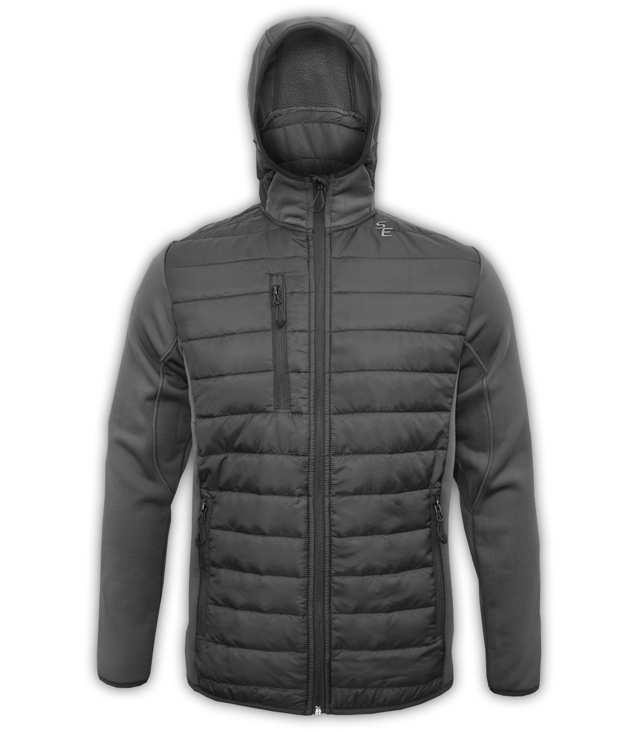 summit-edge-outerwear-brand-mens-jacket-black-nylon-quilted=down-3-zipper-pockets-horizontal-hooded-power-stretch