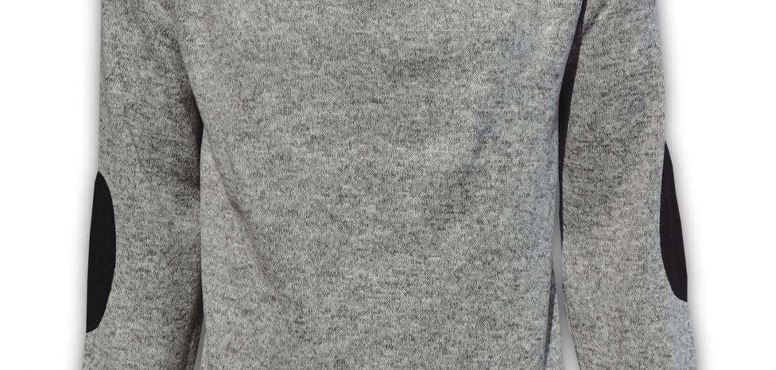 summit edge outerwear brand pullover, north shore fleece, salt & pepper, gray 1/4 zipper, black patches, collar
