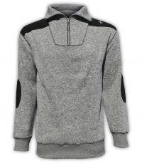 summit edge outerwear brand pullover, north shore fleece, salt & pepper, gray 1/4 zipper, black patches, collar