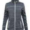 summit edge outerwear brand gray womens workout jacket, printed, white zipper pockets, collar, thumbholes