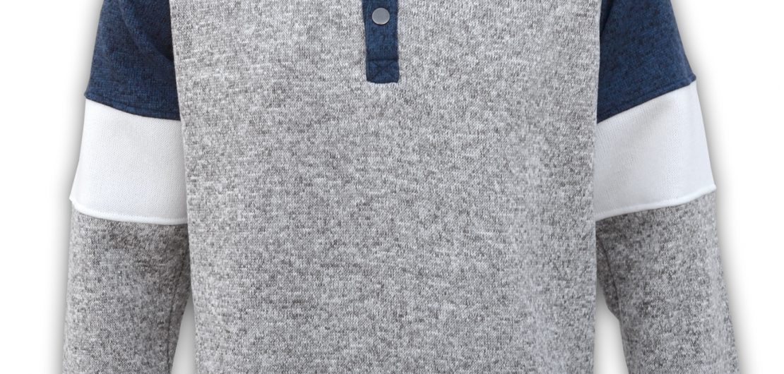 summit edge brand, color block sweater men, blue, white, snaps, collar